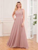 Modern V-Neck Floor Length Knot Back Chiffon Bridesmaid Dresses