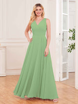 Modern V-Neck Floor Length Knot Back Chiffon Bridesmaid Dresses