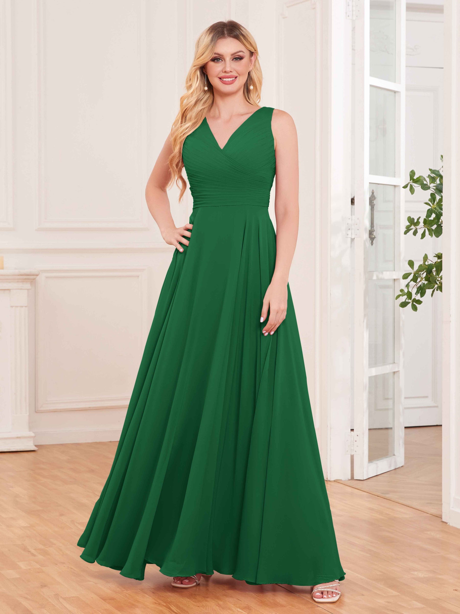 Modern V-Neck Floor Length Knot Back Chiffon Bridesmaid Dresses mollyevers.com Modern V-Neck Floor Length Knot Back Chiffon Bridesmaid Dresses mollyevers.com