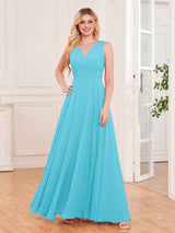 Modern V-Neck Floor Length Knot Back Chiffon Bridesmaid Dresses