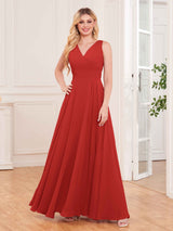 Modern V-Neck Floor Length Knot Back Chiffon Bridesmaid Dresses