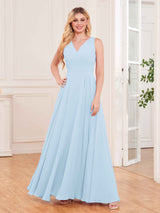 Modern V-Neck Floor Length Knot Back Chiffon Bridesmaid Dresses