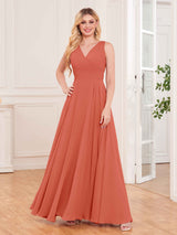 Modern V-Neck Floor Length Knot Back Chiffon Bridesmaid Dresses
