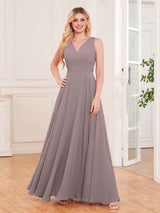 Modern V-Neck Floor Length Knot Back Chiffon Bridesmaid Dresses