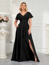 Modern V-Neck Long Chiffon Bridesmaid Dresses With Pockets