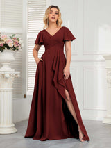 Modern V-Neck Long Chiffon Bridesmaid Dresses With Pockets