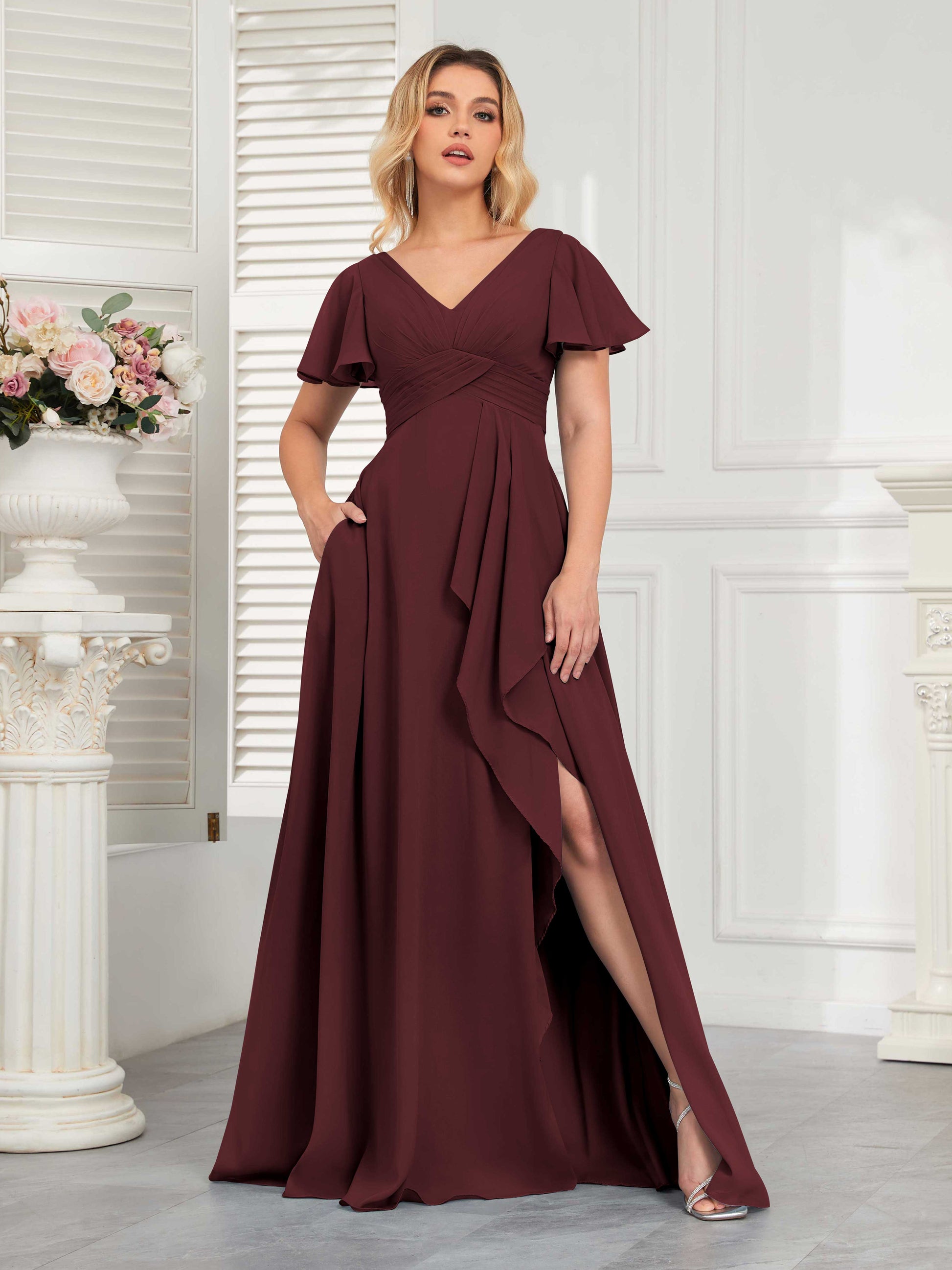 flowy chiffon bridesmaid dresses Wedtrend Blush Long Chiffon Bridesmaid Dress with Slit Straps Sleeveless Wedding Party Dress, Chiffon color / US16