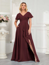 Modern V-Neck Long Chiffon Bridesmaid Dresses With Pockets