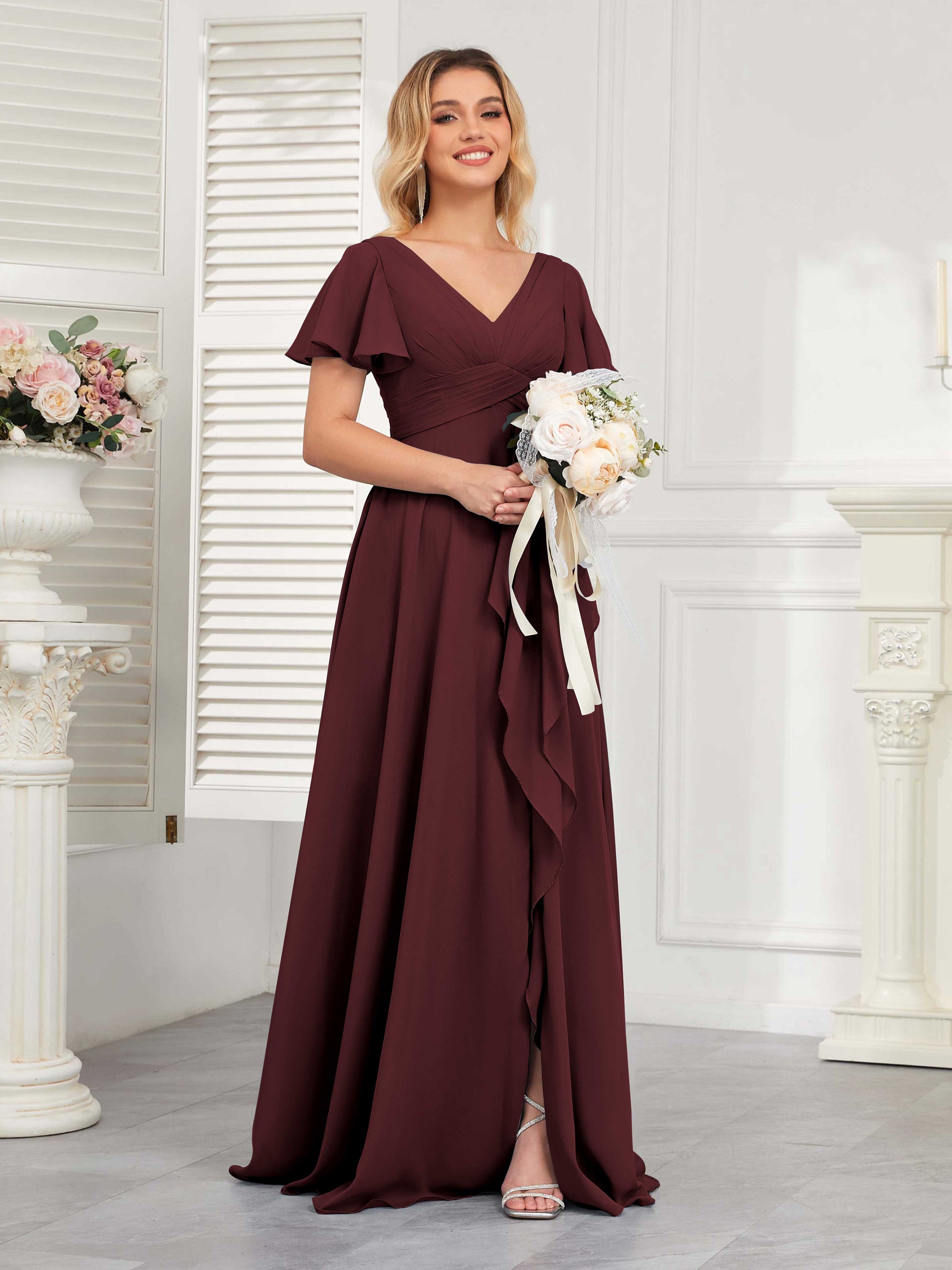 Modern V-Neck Long Chiffon Bridesmaid Dresses With Pockets mollyevers.com Modern V-Neck Long Chiffon Bridesmaid Dresses With Pockets mollyevers.com