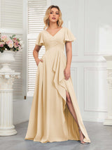 Modern V-Neck Long Chiffon Bridesmaid Dresses With Pockets
