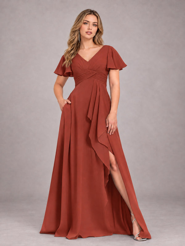 Rust Modern V-Neck Long Chiffon Bridesmaid Dress With Pockets