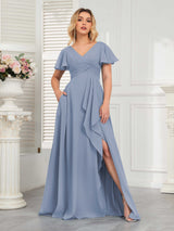 Modern V-Neck Long Chiffon Bridesmaid Dresses With Pockets