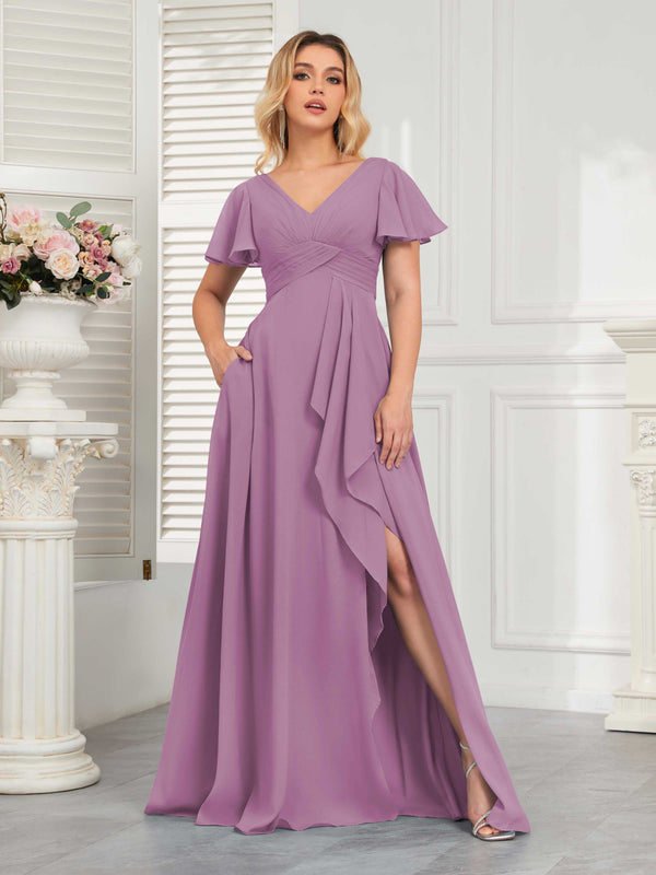 Dusty Purple Modern V-Neck Long Chiffon Bridesmaid Dresses With Pockets