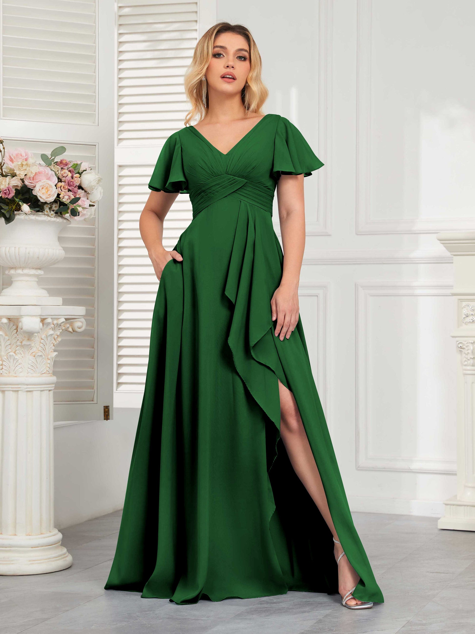 Modern V-Neck Long Chiffon Bridesmaid Dresses With Pockets mollyevers.com Modern V-Neck Long Chiffon Bridesmaid Dresses With Pockets mollyevers.com