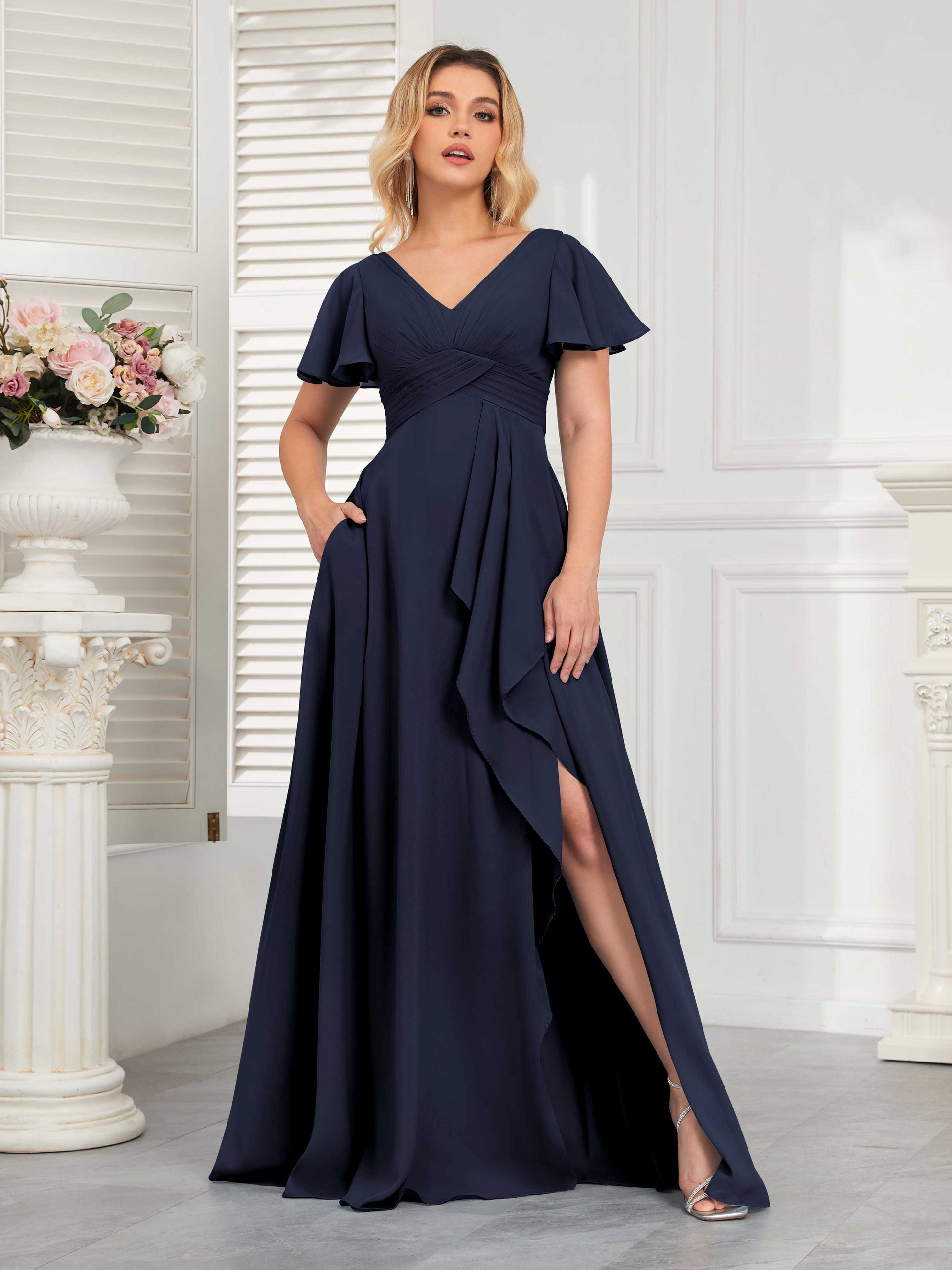 Modern V-Neck Long Chiffon Bridesmaid Dresses With Pockets –
