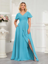 Modern V-Neck Long Chiffon Bridesmaid Dresses With Pockets