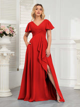 Modern V-Neck Long Chiffon Bridesmaid Dresses With Pockets