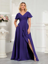 Modern V-Neck Long Chiffon Bridesmaid Dresses With Pockets