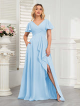 Modern V-Neck Long Chiffon Bridesmaid Dresses With Pockets
