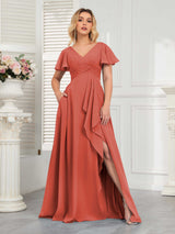 Modern V-Neck Long Chiffon Bridesmaid Dresses With Pockets