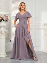 Modern V-Neck Long Chiffon Bridesmaid Dresses With Pockets