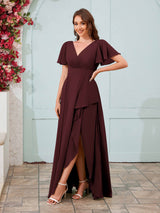 Modern V-Neck Short Sleeves Chiffon Long Bridesmaid Dresses