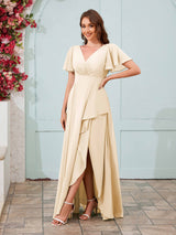 Modern V-Neck Short Sleeves Chiffon Long Bridesmaid Dresses