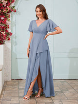 Modern V-Neck Short Sleeves Chiffon Long Bridesmaid Dresses