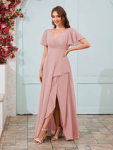 Modern V-Neck Short Sleeves Chiffon Long Bridesmaid Dresses