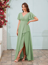 Modern V-Neck Short Sleeves Chiffon Long Bridesmaid Dresses