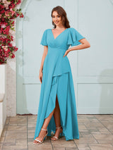 Modern V-Neck Short Sleeves Chiffon Long Bridesmaid Dresses