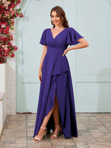 Modern V-Neck Short Sleeves Chiffon Long Bridesmaid Dresses