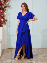 Modern V-Neck Short Sleeves Chiffon Long Bridesmaid Dresses