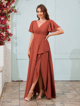 Modern V-Neck Short Sleeves Chiffon Long Bridesmaid Dresses