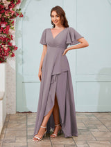 Modern V-Neck Short Sleeves Chiffon Long Bridesmaid Dresses