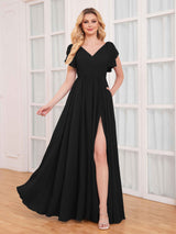 Modern V-Neck Short Sleeves Ruched Slit Chiffon Bridesmaid Dresses