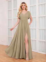 Modern V-Neck Short Sleeves Ruched Slit Chiffon Bridesmaid Dresses
