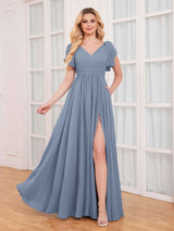 Modern V-Neck Short Sleeves Ruched Slit Chiffon Bridesmaid Dresses