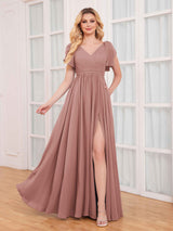 Modern V-Neck Short Sleeves Ruched Slit Chiffon Bridesmaid Dresses