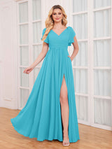 Modern V-Neck Short Sleeves Ruched Slit Chiffon Bridesmaid Dresses
