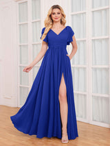 Modern V-Neck Short Sleeves Ruched Slit Chiffon Bridesmaid Dresses