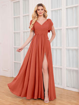 Modern V-Neck Short Sleeves Ruched Slit Chiffon Bridesmaid Dresses