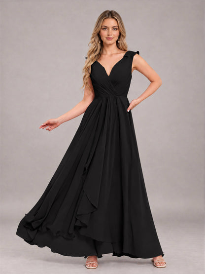 Black Modern V-Neck Sleeveless Ruffles Floor Length Bridesmaid Dress