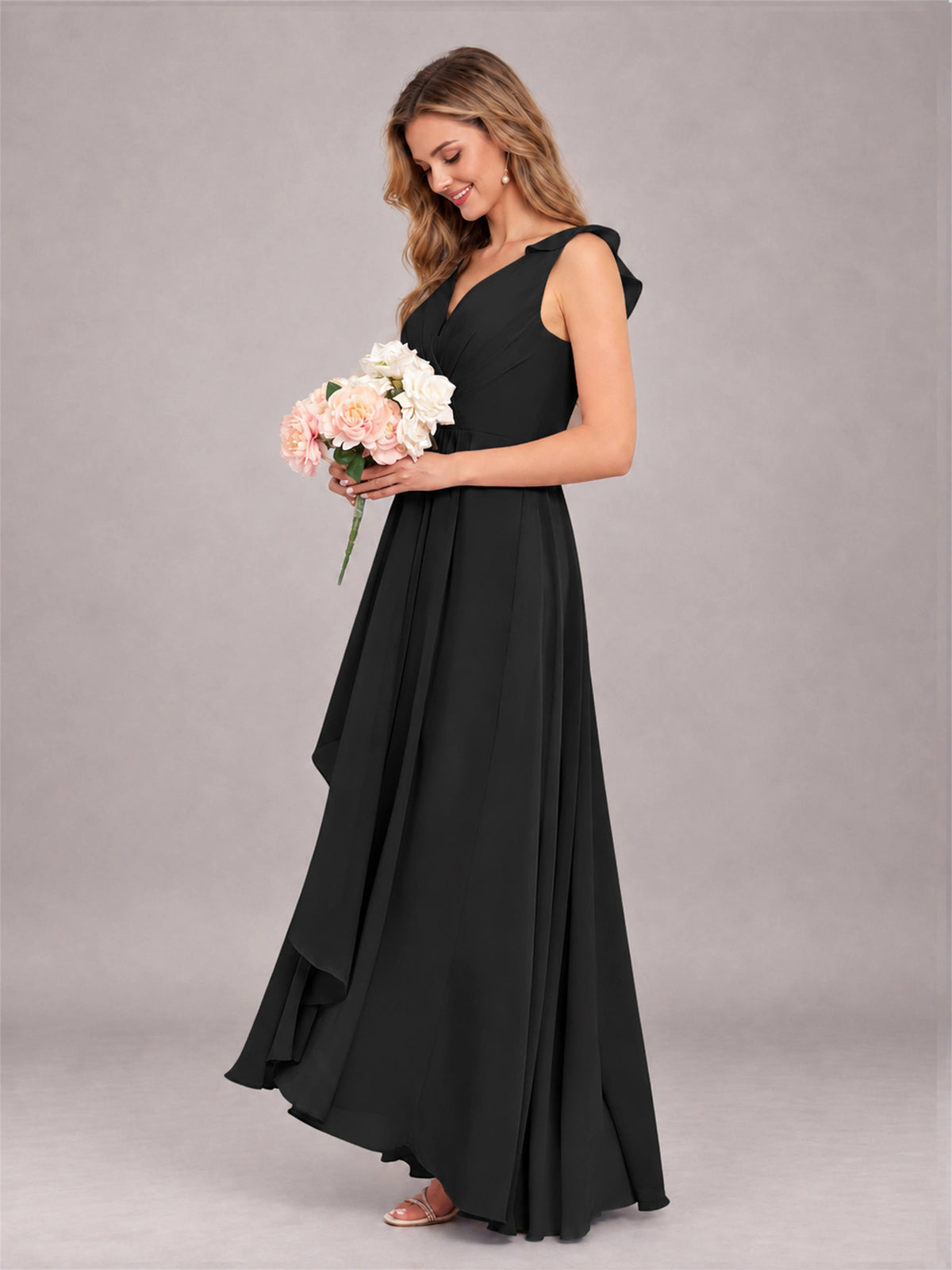 Black Modern V-Neck Sleeveless Ruffles Floor Length Bridesmaid Dress