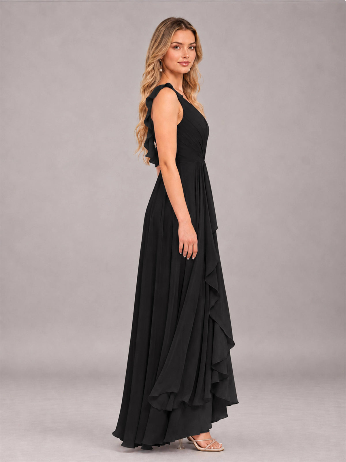 Black Modern V-Neck Sleeveless Ruffles Floor Length Bridesmaid Dress