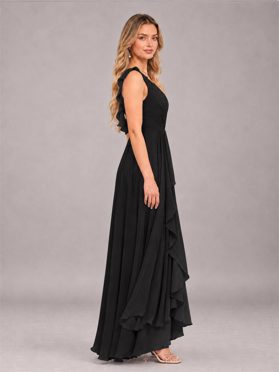 Black Modern V-Neck Sleeveless Ruffles Floor Length Bridesmaid Dress