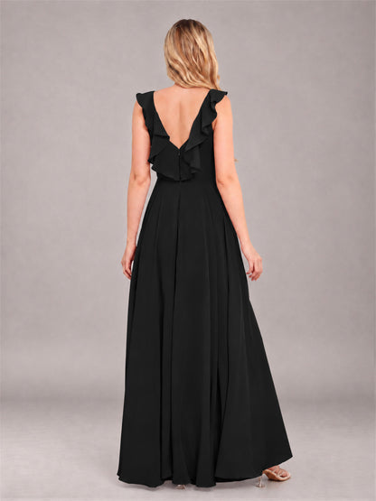 Black Modern V-Neck Sleeveless Ruffles Floor Length Bridesmaid Dress