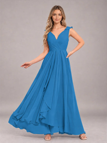Blue Modern V-Neck Sleeveless Ruffles Floor Length Bridesmaid Dress