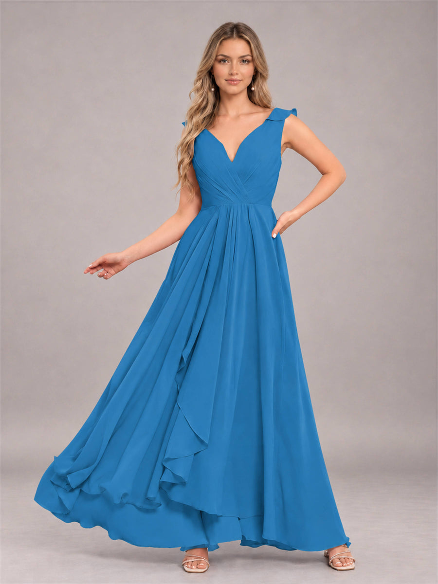 Blue Modern V-Neck Sleeveless Ruffles Floor Length Bridesmaid Dress