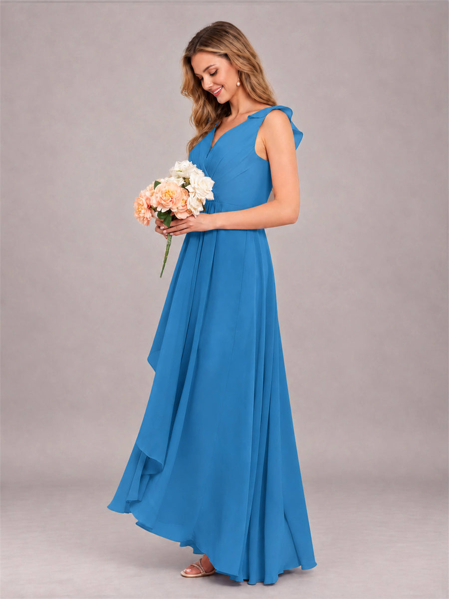 Blue Modern V-Neck Sleeveless Ruffles Floor Length Bridesmaid Dress